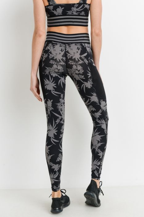Highwaist Striped Band Tropical Silhouette Print Leggings