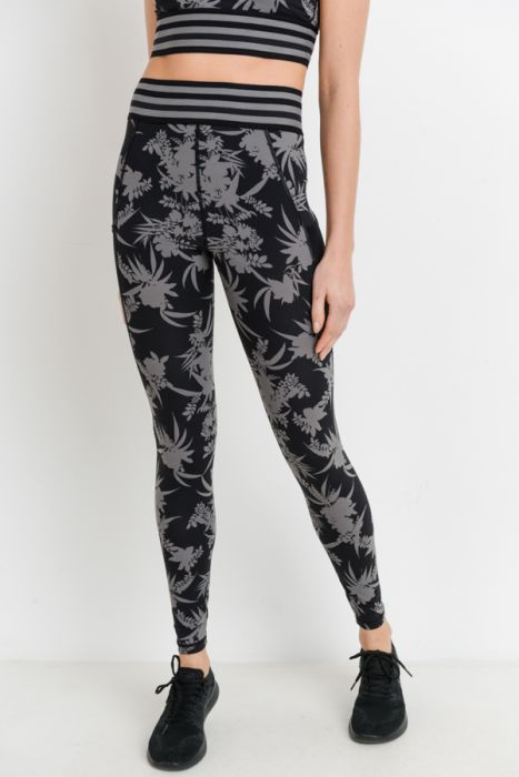 Highwaist Striped Band Tropical Silhouette Print Leggings