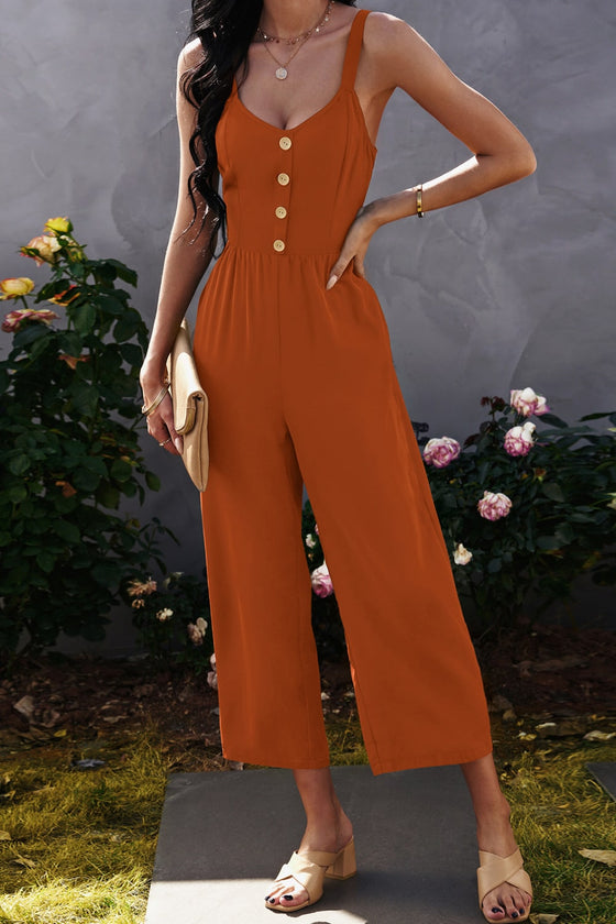 Decorative Button Wide Leg Cropped Jumpsuit