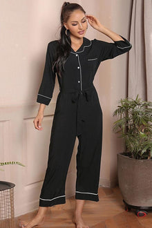  Contrast Belted Lapel Collar Jumpsuit