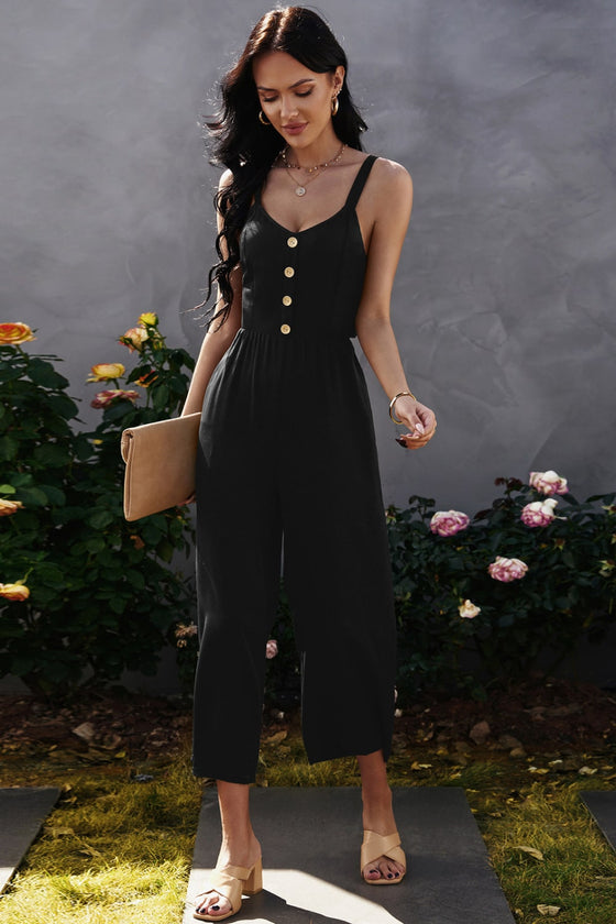 Decorative Button Wide Leg Cropped Jumpsuit