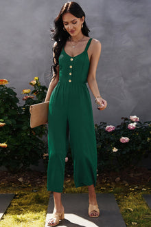  Decorative Button Wide Leg Cropped Jumpsuit